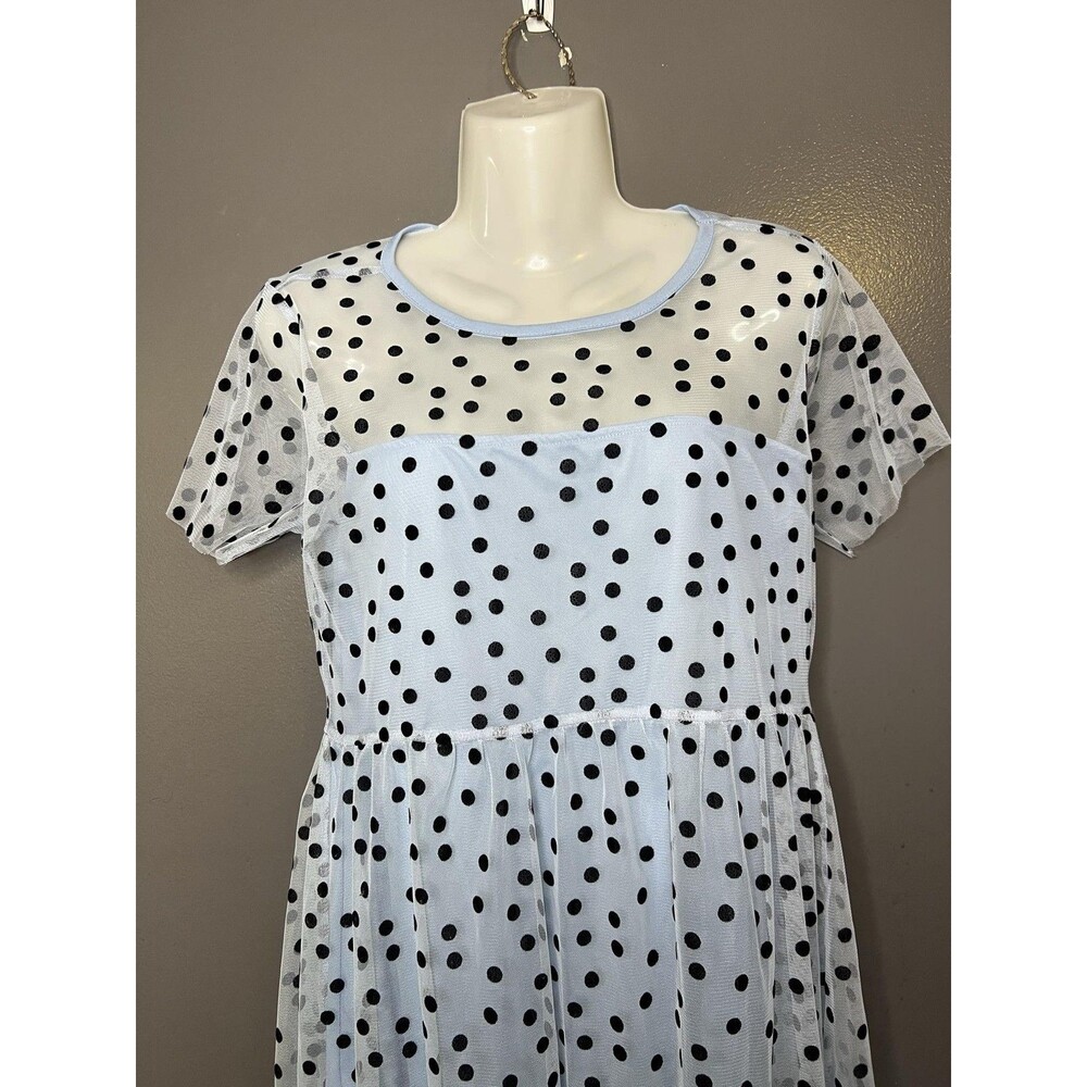 Wednesday's Girl Dress Womens Small Polka Dot Mesh Sheer Fit Flare Midi Blue
